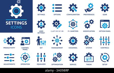 Paramètres, jeu d'icônes. Contenant les options, la configuration, les préférences, les réglages, le fonctionnement, engrenage, panneau de commande, égaliseur, optimisation et configuration. Illustration de Vecteur