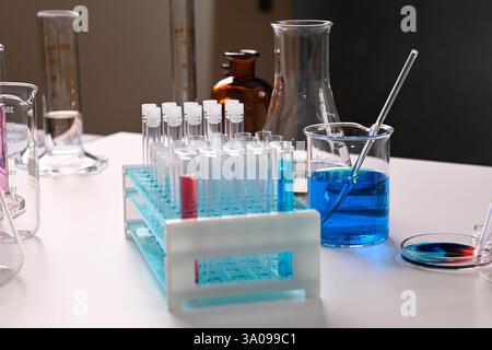 La verrerie et les tubes à essai remplis de liquides colorés sont disposés sur une table de laboratoire, suggérant une expérience chimique en cours. Banque D'Images