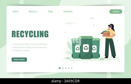 Modèle de page de renvoi de recyclage. CO2 neutre. Femme trie les ordures. Style de vie zéro déchet. Concept écologique de recyclage des matériaux. Illustration vectorielle Illustration de Vecteur