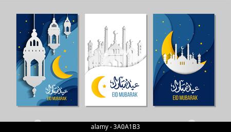 Ensemble de cartes de voeux Ramadan Kareem, Eid Mubarak, Eid Al Fitr avec lune, étoiles, mosquée et lettrage. Illustration vectorielle EPS10. Bannière islamique, poste Illustration de Vecteur
