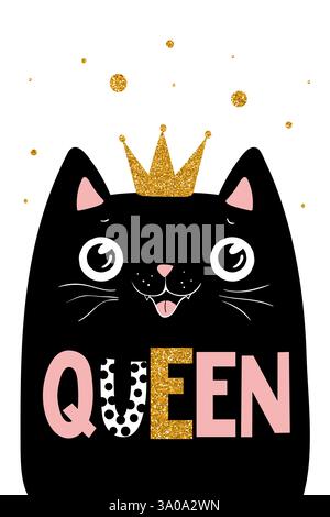 Chat noir reine, lettrage reine, illustrateur pour enfants, imprimé enfants Illustration de Vecteur