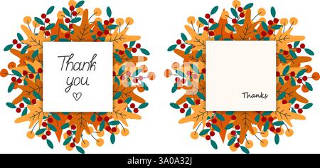 Merci Merci texte à main levée carré Notes pages feuilles d'automne couronnes. Ensemble de voeux de Thanksgiving 2. Illustration vectorielle isolée cartes thématiques ou bannières promotionnelles Web, dépliants, documents imprimés ou étiquettes Illustration de Vecteur