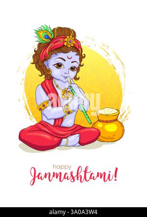 Bonne carte de voeux Janmashtami. Illustration vectorielle Krishna. Illustration de Vecteur