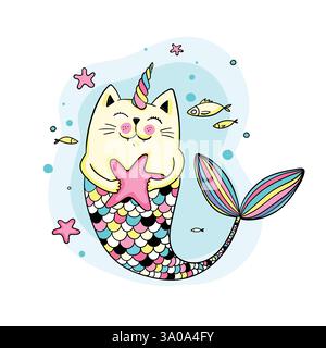 Jolie sirène de chat, illustration vectorielle de doodle pour les enfants. SPE 10 Illustration de Vecteur