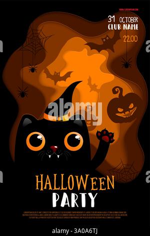 Fond de nuit d'Halloween avec chat, citrouille, maison hantée et araignées. Papier coupé. Flyer, affiche, bannière ou modèle d'invitation pour la fête d'Halloween. Illustration de Vecteur