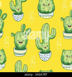 Modèle sans couture avec cactus kawaii mignon et succulentes avec des visages drôles dans des pots. Illustration de Vecteur