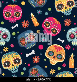 Fête mexicaine jour des morts , Dia de los Muertos . Modèle sans couture avec des crânes de sucre et des fleurs. Illustrations vectorielles Illustration de Vecteur