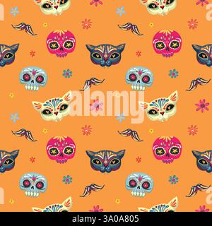 Jour du motif vectoriel sans couture mort avec des crânes de sucre et des fleurs. Dia de los Muertos tramslate - jour du fond de modèle mort. Illustration de Vecteur