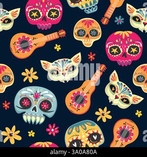 Jour du motif vectoriel sans couture mort avec des crânes de sucre et des fleurs. Dia de los Muertos tramslate - jour du fond de modèle mort. Illustration de Vecteur