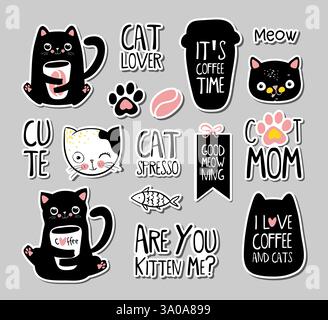 Ensemble de badges de chats, patchs, autocollants Vector Doodles Illustration de Vecteur