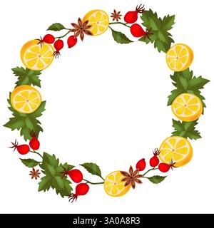 Cadre décoratif, couronne. Ensemble d'épices, d'herbes et de baies pour boire du thé. Illustration numérique. Clip art sur un fond blanc. Pour les cartes postales, invi Banque D'Images