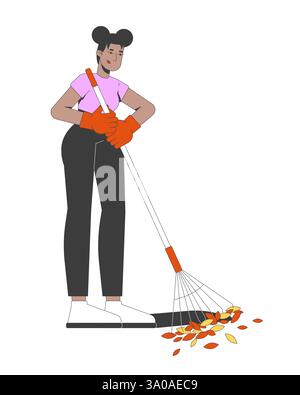 Femme noire ratissant les feuilles tombées de l'automne dans pile 2D personnage de dessin animé Illustration de Vecteur