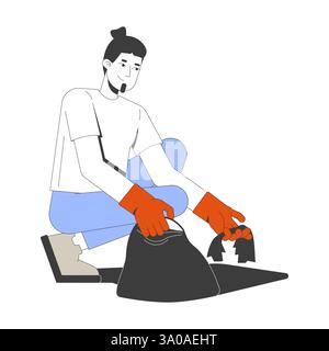 Homme barbu caucasien avec coiffure de pain nettoyant la litière 2D personnage de dessin animé Illustration de Vecteur