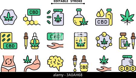 Main ouverte avec des icônes de feuille de marijuana définies. Contour modifiable. Collection d'icônes Cannabidiol. Légalisation du cannabis. Symboles simples. Dessin isolé vectoriel Illustration de Vecteur