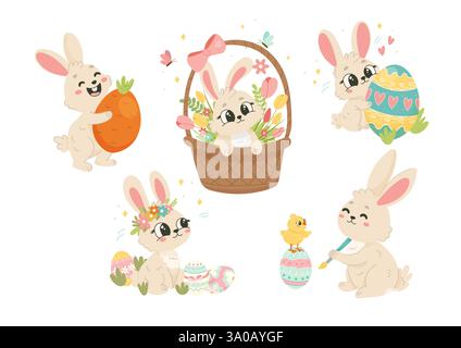 Joli ensemble de clipart lapin de Pâques. Collection printanière dessinée à la main pour cartes, invitations, autocollants et Scrapbooking Illustration de Vecteur