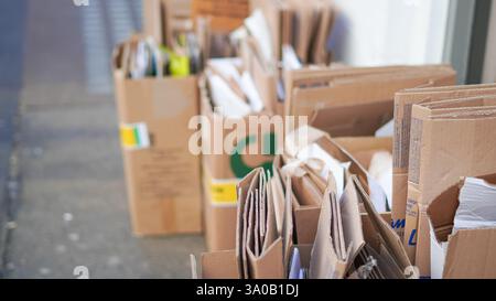 Piles de carton recyclé soigneusement empilées à l'extérieur pour la gestion des déchets. Banque D'Images