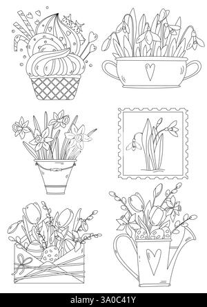 Coloriage pour adultes et enfants et Un ensemble sur le thème du printemps Illustration de Vecteur