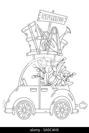 Printemps Coloriage page pour adultes et enfants et Une voiture avec des fleurs et tout pour le jardin Illustration de Vecteur