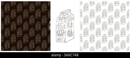 Définissez des motifs sans couture avec des maisons monochromes décoratives. Bâtiment, résidentiel. Motif dans le style de dessin à la main. Imprimez pour la conception Illustration de Vecteur