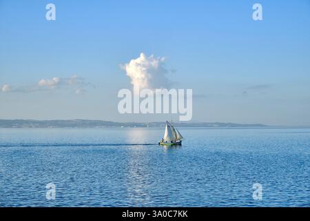 Un bateau à voile traditionnel sur le Tage. Alcochete, Portugal Banque D'Images