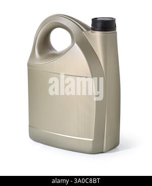 Bidon en plastique gris avec bouchon noir, idéal pour l'huile moteur, le liquide de refroidissement ou d'autres liquides automobiles, isolé sur fond blanc Banque D'Images