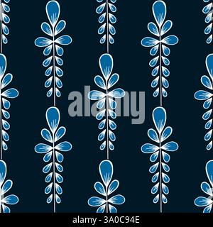 Motif sans couture. Fleurs folkloriques bleues tribal boho à motifs dans le style scandinave cottagecore. Imprimer dans le dessin à la main créé pour les tissus, textiles, papier, Illustration de Vecteur