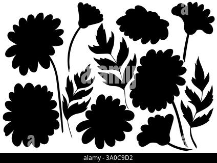 Camomille, Marguerite. Ensemble de silhouettes dans le style dessiné à la main. Conception pour les énigmes, les tâches éducatives des enfants. Icônes, signes, autocollants, épingles, logo Illustration de Vecteur