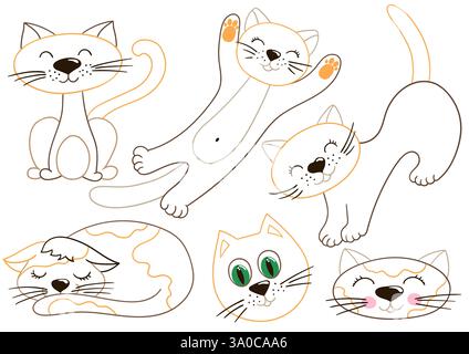 Chats. Ensemble d'illustrations dans le style dessiné à la main. Dessiné à la main, contour de couleur. Conception pour la coloration par couleurs, cartes postales. Icônes, autocollants, épingles, logos Illustration de Vecteur