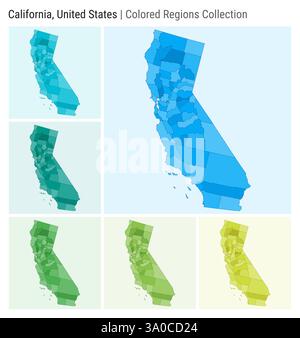 Californie, États-Unis. Collection de cartes. Forme d'état. Comtés colorés. Bleu clair, cyan, sarcelle, vert, vert clair, palettes de couleurs de chaux. Illustration de Vecteur