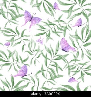 Feuilles vertes parmi les papillons violets flottant motif sans couture aquarelle. Branches d'eucalyptus avec insectes tropicaux illustration florale pour toile Banque D'Images