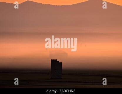 Grue commune (Grus grus) volant le long du lac Gallocanta un matin brumeux, Saragosse, Aragon, Espagne Banque D'Images