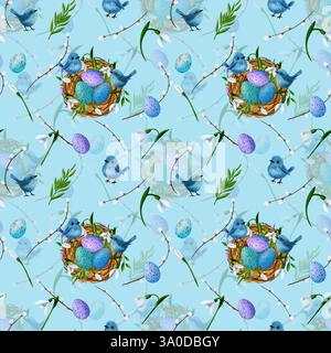 Oeufs colorés dans le nid, oiseaux bleus, gouttes de neige, branches vertes, vignes de saule. Motif sans couture Banque D'Images