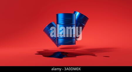Trois barils bleus de pétrole métallique survolent une flaque de pétrole brut déversée sur fond rouge. Bassin de pétrole noir. Concept industriel. illustration de rendu 3d. Banque D'Images