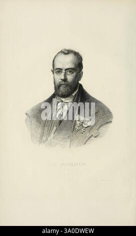 Belgique horticole. Liége. Botanique horticulture périodiques plantes, Un portrait digne d'un homme avec une barbe bien soignée et des lunettes, habillé en tenue formelle. Il porte un manteau orné de médailles, suggérant un fond d'honneur ou de réalisation. L'expression du sujet reflète l'intelligence et le sérieux, indiquant une figure respectée. Sous l'image, le nom 'CH. MORREN' est inscrit, faisant allusion à son identité ou sa contribution à la société. Banque D'Images