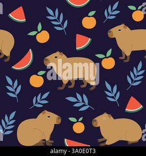 Modèle sans couture avec capybara mignon, oranges et pastèque. Illustration vectorielle de doodle dessinée à la main dans un style tendance. Illustration de Vecteur