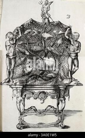 Descripcion, de, diferentes, piezas, de, historia, natural, las, mas, del, ramo, maritimo, en, la, la Havane, en, la, Imprenta, de, la, Capitania, général, 1787, Cuba, naturel, histoire, marine, animaux, Caraïbes, région, la scène représente un arrangement grandiose et complexe mettant en valeur une figure centrale, représentant peut-être une divinité ou une entité mythologique importante, élevée au-dessus d'une structure richement ornée. Autour de cette figure se trouvent des formes humaines musclées, chacune engagée dans diverses poses dynamiques, transmettant un sens du mouvement et de l'énergie. Éléments décoratifs tels que draperies élaborées, motifs floraux, Banque D'Images