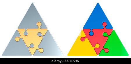 Puzzles triangulaires colorés et métalliques. Concept de logotype d'entreprise. Rendu 3D isolé sur fond blanc Banque D'Images