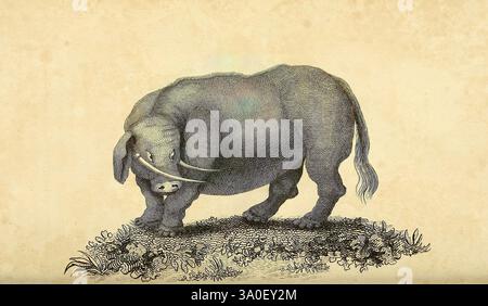 Zoologie générale, ou histoire naturelle systématique Londres, imprimé pour G. Kearsley, 1800-1826. Œuvres picturales Zoologie Mammal, l'illustration représente une créature fantastique ressemblant à un éléphant, caractérisée par son corps robuste recouvert d'une peau texturée. Cette créature s'engage dans une pose active, avec ses pattes avant levées et saisissant une surface moussue, suggérant un comportement ludique ou curieux. Des défenses proéminentes dépassent de sa bouche, contribuant à son apparence distinctive. Le rendu détaillé souligne la forme arrondie de la créature et les motifs complexes de sa peau, avec un dos Banque D'Images