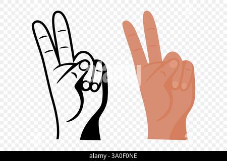 Main montrant le signe de victoire ou de paix, illustration vectorielle plate. Mains noires et colorées faisant un geste à deux doigts. Symbole du succès, la liberté Illustration de Vecteur