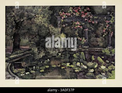 Londres, parcs et jardins, New York, E.P. Dutton, 1907 Description et voyage, Angleterre, jardins, Londres, Londres, Londres, Angleterre, parcs, manières victoriennes, Une scène de jardin sereine met en valeur une végétation luxuriante et des fleurs vibrantes grimpant le long d'une élégante structure en pierre. Lierre et fleurs s'entrelacent gracieusement avec des colonnes décoratives, tandis que les eaux tranquilles reflètent le feuillage environnant. Des plantes à feuilles et des nénuphars ornent l'étang, créant un mélange harmonieux de beauté de la nature. La composition invite à un sentiment de tranquillité, évoquant le charme d'une retraite isolée remplie des sons de la douceur Banque D'Images