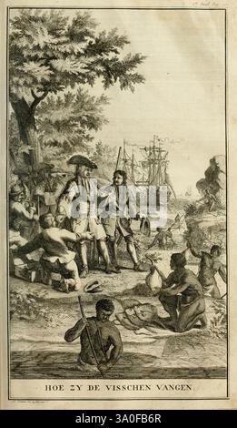 Naaukeurige en uitvoerige beschryving van kaap de Goede Hoop Amsterdam by B. Lakeman 1727 afrique du Sud histoire naturelle Cap de bonne-espérance description et voyage Cap de bonne-espérance, Afrique du Sud Khoikhoi peuple africain, la scène représente un moment historique mettant en vedette un groupe de personnes engagées dans la pêche le long d'une rivière. Au premier plan, plusieurs individus sont vus soit en train de capturer des poissons, soit en train de préparer leur capture. Deux personnages au centre, vêtus de vêtements d'époque, semblent être en conversation, discutant peut-être des techniques de pêche ou partageant des connaissances. Ils sont entourés par d'autres qui le sont Banque D'Images