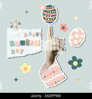 Collage du jour de Pâques avec pointage à la main et œufs décorés, illustration vectorielle Illustration de Vecteur