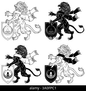 Lion rampant avec ruban et bouclier de l'âge médiéval, félin héraldique de la royauté européenne Illustration de Vecteur