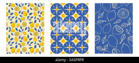 Motif Amalfi avec motifs de citron méditerranéen en jaune et bleu. Éléments de conception fruits avec des feuilles, cercles géométriques avec des points et dessins d'agrumes de contour. Imprimés élégants pour textiles. Illustration de Vecteur