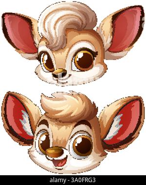 Mignons visages d'animaux illustrés avec de grands yeux expressifs Illustration de Vecteur