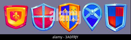 Boucliers de bande dessinée médiévale dans les couleurs rouge, bleu et jaune avec des bords métalliques. Diverses formes de protection avec des motifs et des emblèmes. Ressources de jeu de fantaisie pour personnage de chevalier, interface utilisateur de rpg ou bataille historique Illustration de Vecteur
