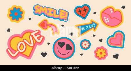 Ensemble d'autocollants rétro colorés avec des dessins animés amusants - formes de coeur vintage, émoticônes souriantes, motifs de fleurs, flèche de destin, mot d'amour et texte de sourire avec des bordures. Petites icônes noires dispersées. Illustration de Vecteur
