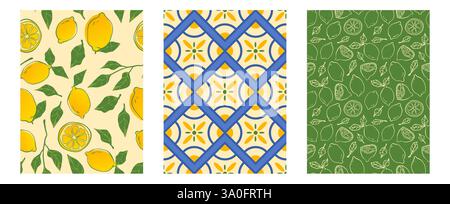 Motif de la côte méditerranéenne d'Amalfi - citrons jaune vif avec des feuilles vertes sur fond beige, tuile traditionnelle en treillis bleu avec des motifs floraux, illustrations d'agrumes de contour sur la surface émeraude. Illustration de Vecteur