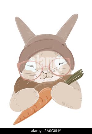 Joli lapin portant un bonnet tricoté tenant la carotte Illustration de Vecteur