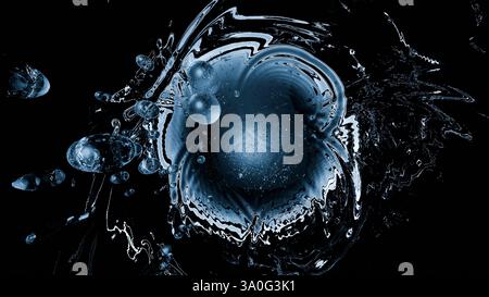 Les formes tourbillonnantes et les reflets de lumière créent une scène abstraite avec des bulles et des mouvements fluides dans des teintes bleues profondes sur un fond sombre. conception véhiculer Banque D'Images